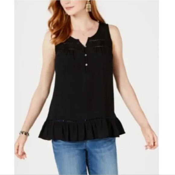 Style & Co. Women's Ruffle-Hem Open-Trim Top, Black size M - Picture 1 of 1